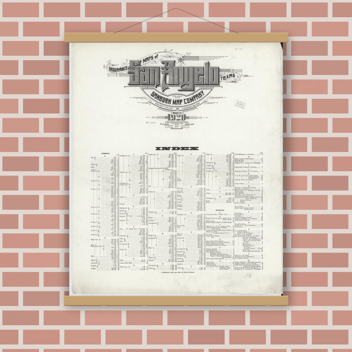 Old map wall art mockup — magnetic wood frame on brick wall — Sanborn Fire Insurance Map from San Angelo, Tom Green County, Texas (1920), Sheet #0001