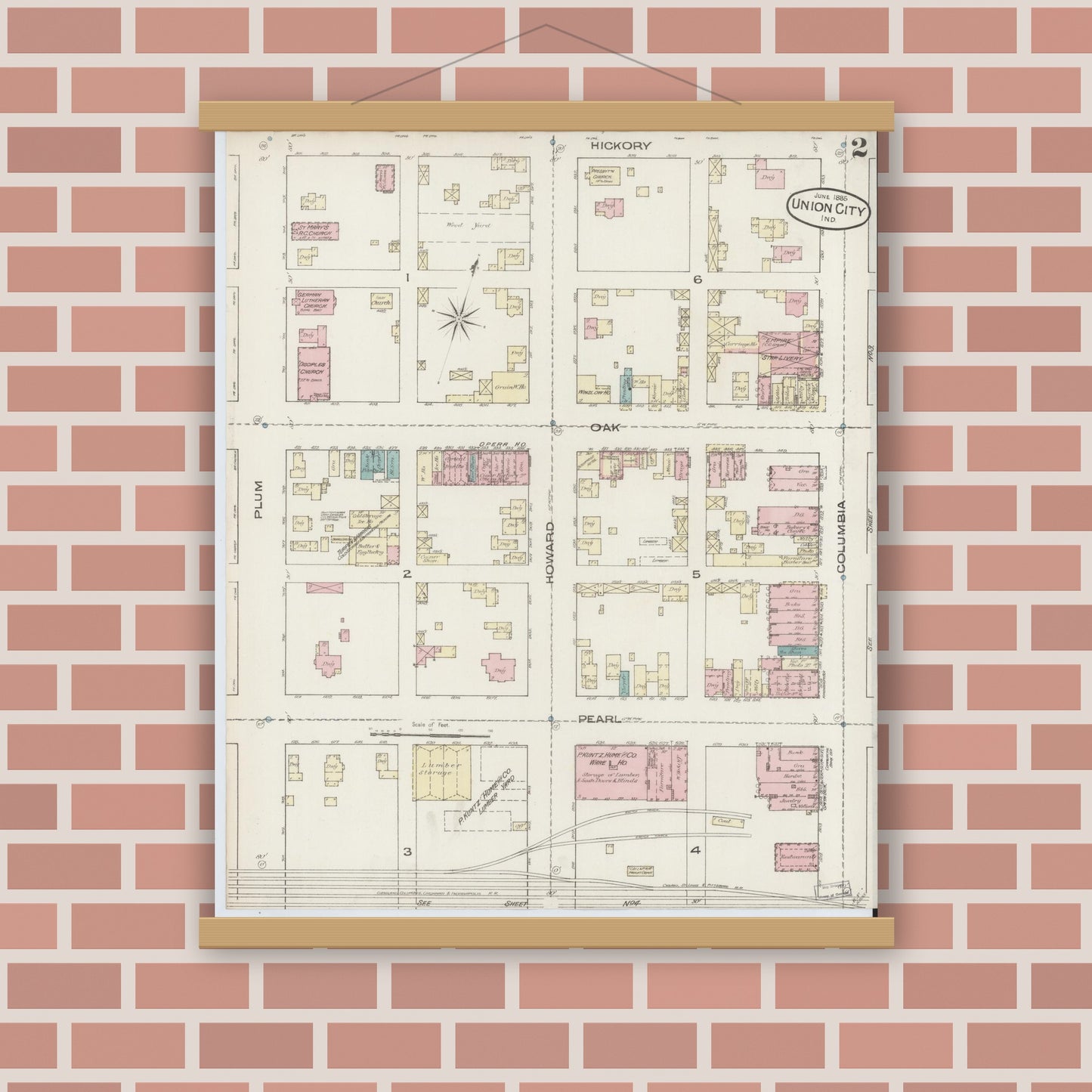 Old map wall art mockup — magnetic wood frame on brick wall — Sanborn Fire Insurance Map from Union City, Randolph County, Indiana (1885), Sheet #0002