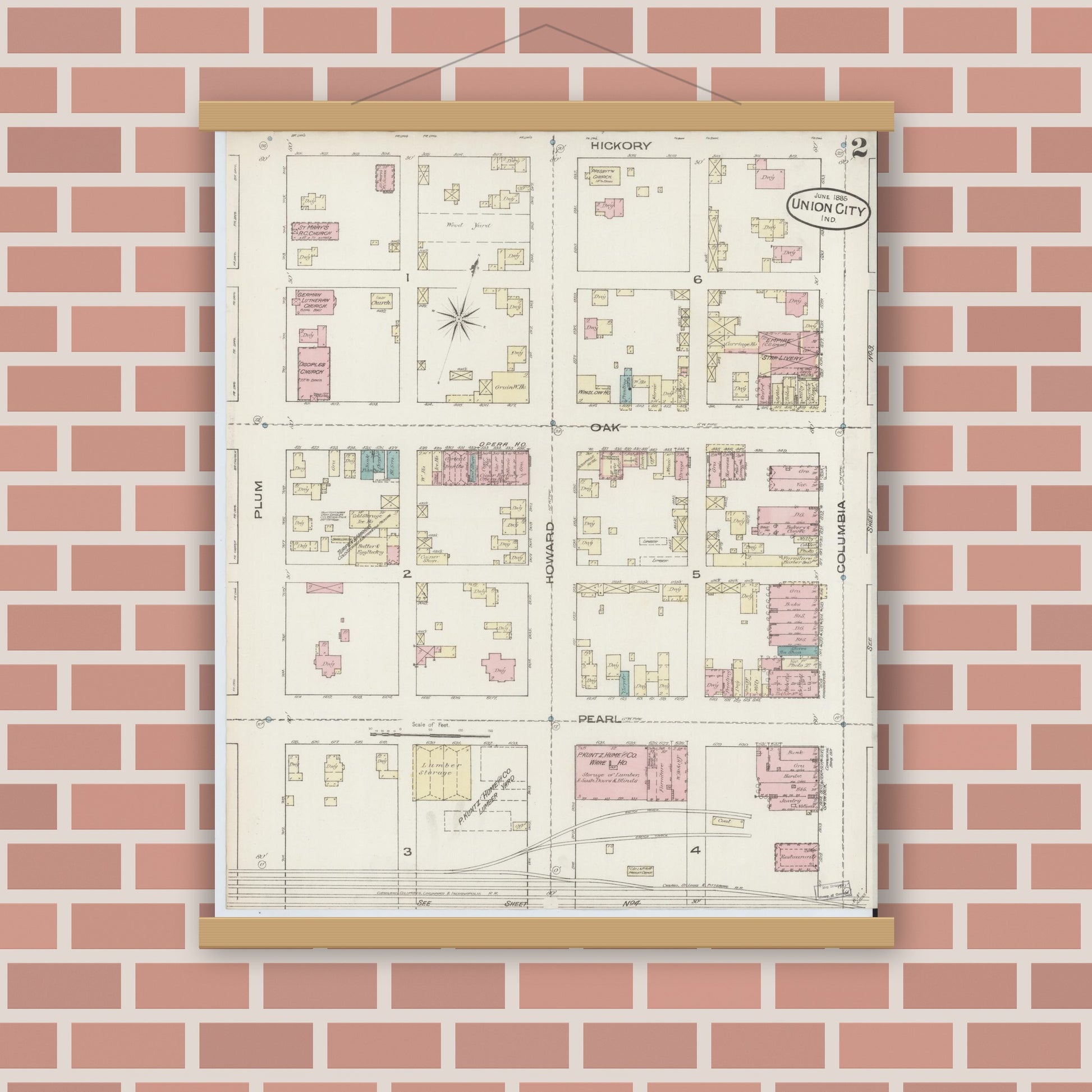 Old map wall art mockup — magnetic wood frame on brick wall — Sanborn Fire Insurance Map from Union City, Randolph County, Indiana (1885), Sheet #0002
