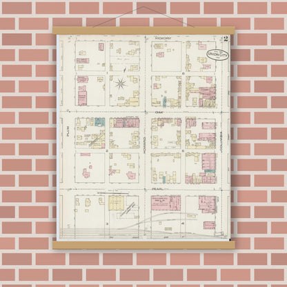 Old map wall art mockup — magnetic wood frame on brick wall — Sanborn Fire Insurance Map from Union City, Randolph County, Indiana (1885), Sheet #0002