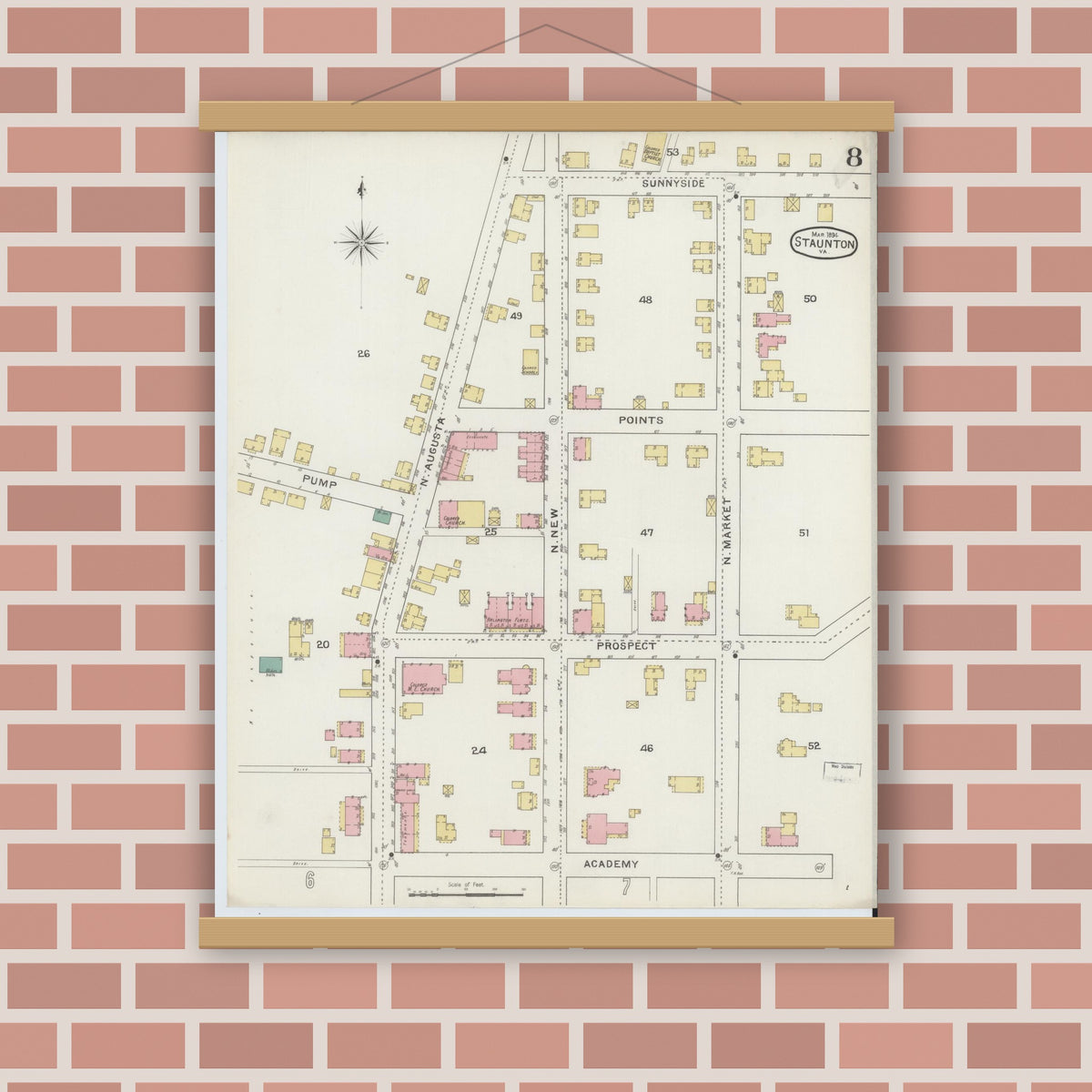 Old map wall art mockup — magnetic wood frame on brick wall — Sanborn Fire Insurance Map from Staunton, Independent Cities, Virginia (1894), Sheet #0008
