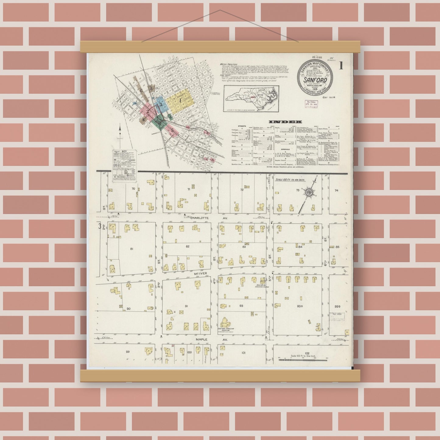 Old map wall art mockup — magnetic wood frame on brick wall — Sanborn Fire Insurance Map from Sanford, Lee County, North Carolina (1915) - Complete Map Set