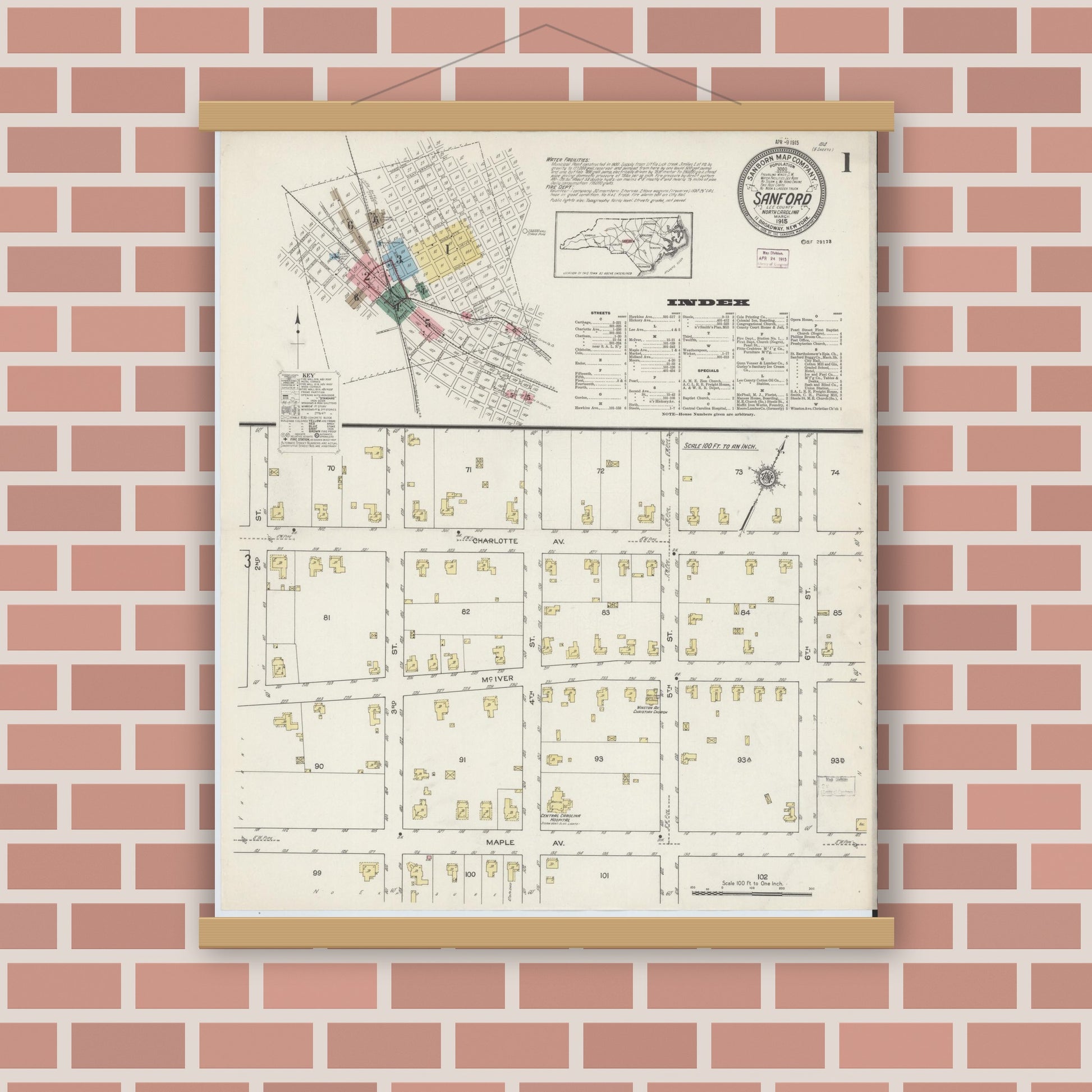 Old map wall art mockup — magnetic wood frame on brick wall — Sanborn Fire Insurance Map from Sanford, Lee County, North Carolina (1915) - Complete Map Set