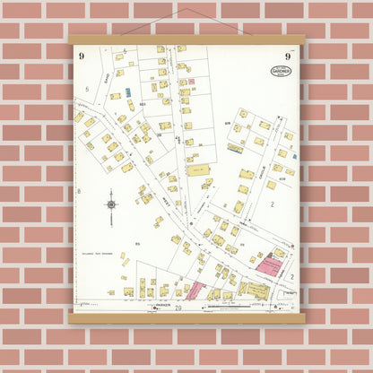 Old map wall art mockup — magnetic wood frame on brick wall — Sanborn Fire Insurance Map from Gardner, Worcester County, Massachusetts (1923), Sheet #0009