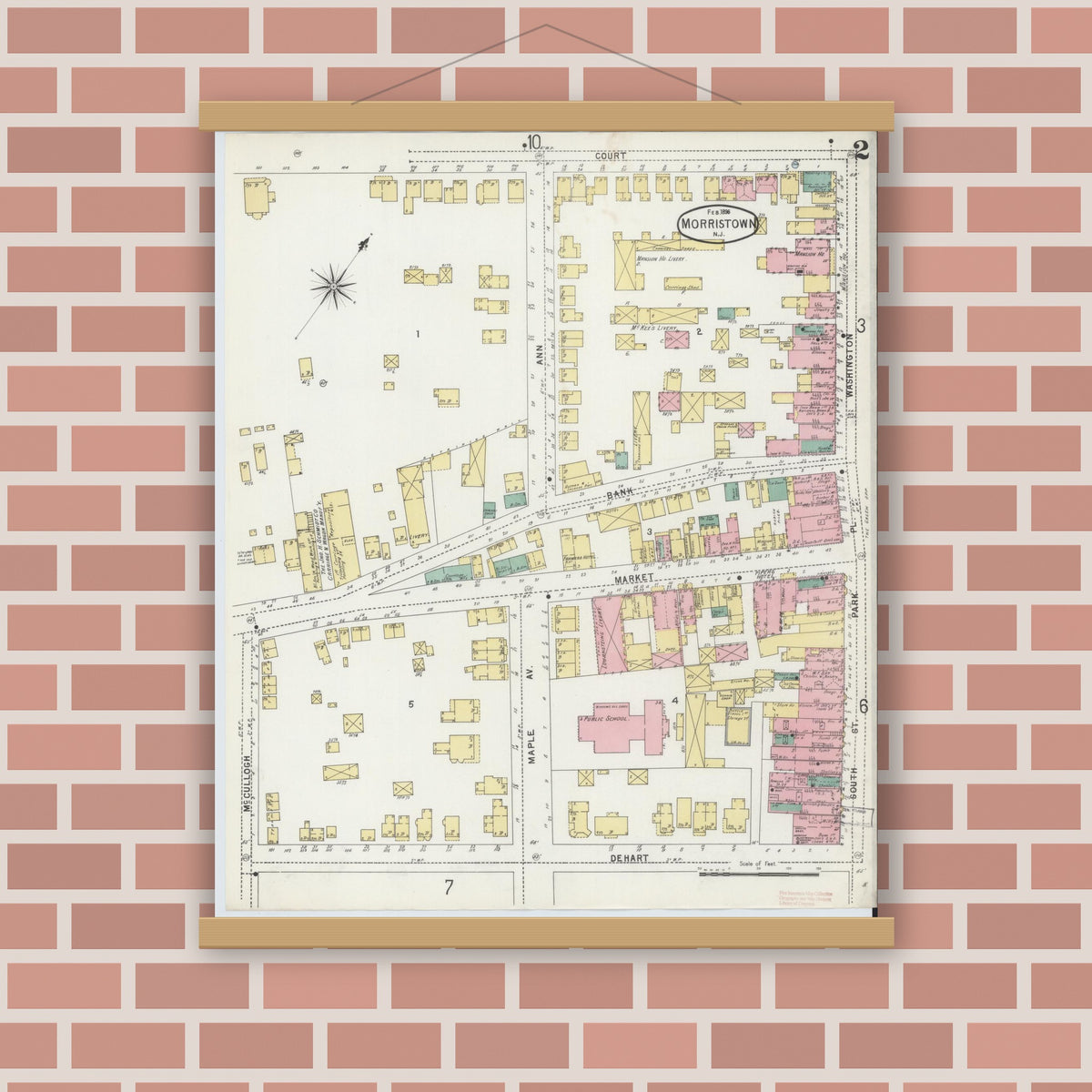 Old map wall art mockup — magnetic wood frame on brick wall — Sanborn Fire Insurance Map from Morristown, Morris County, New Jersey (1896), Sheet #0002