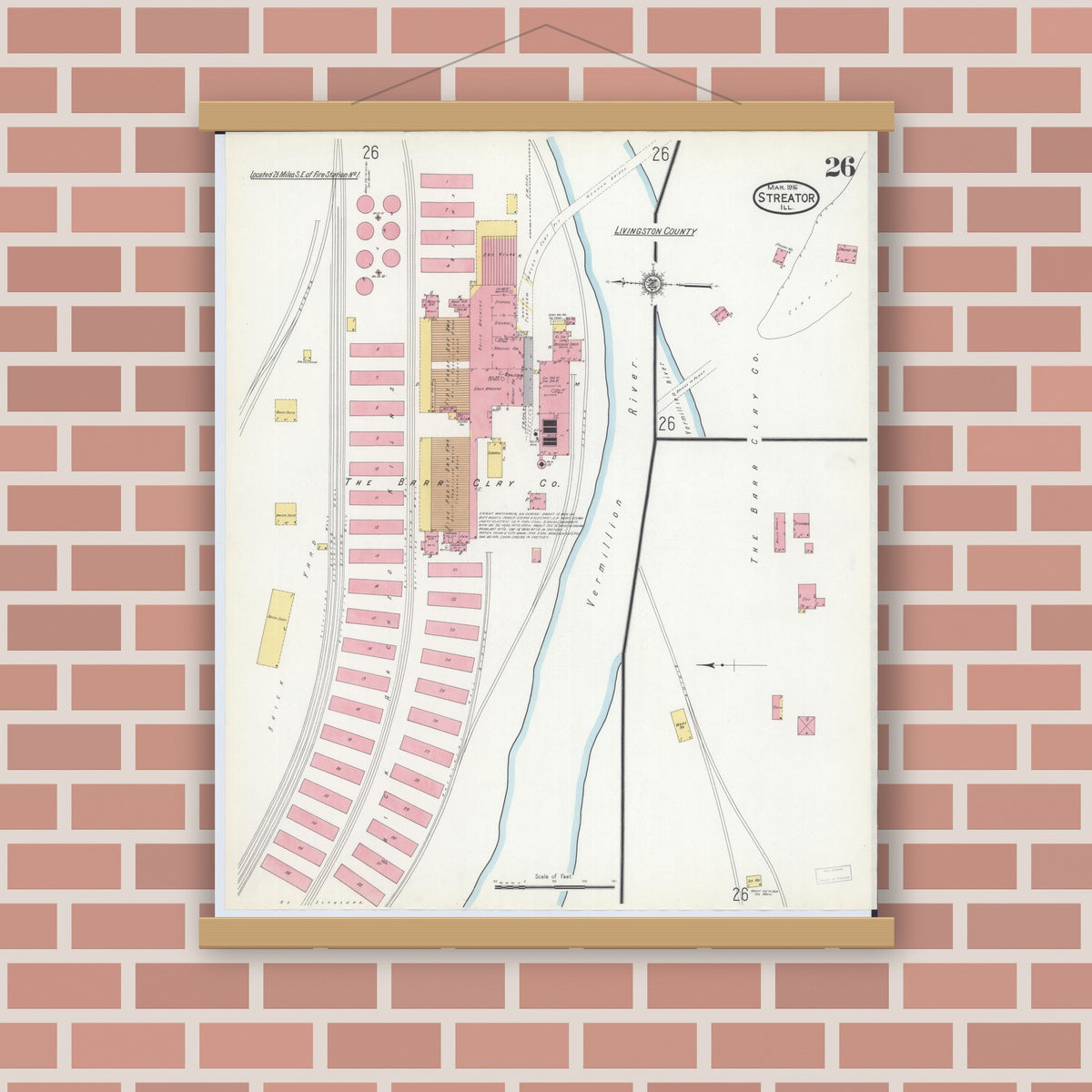 Old map wall art mockup — magnetic wood frame on brick wall — Sanborn Fire Insurance Map from Streator, La Salle County, Illinois (1916), Sheet #0026
