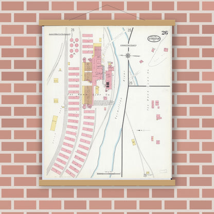 Old map wall art mockup — magnetic wood frame on brick wall — Sanborn Fire Insurance Map from Streator, La Salle County, Illinois (1916), Sheet #0026