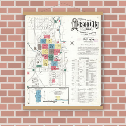 Old map wall art mockup — magnetic wood frame on brick wall — Sanborn Fire Insurance Map from Mason City, Cerro Gordo County, Iowa (1909) â€” Complete Set