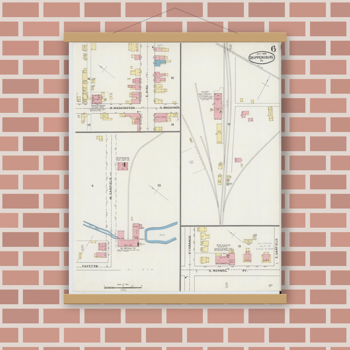Old map wall art mockup — magnetic wood frame on brick wall — Sanborn Fire Insurance Map from Shippensburg, Cumberland And Franklin Counties, Pennsylvania (1894), Sheet #0006
