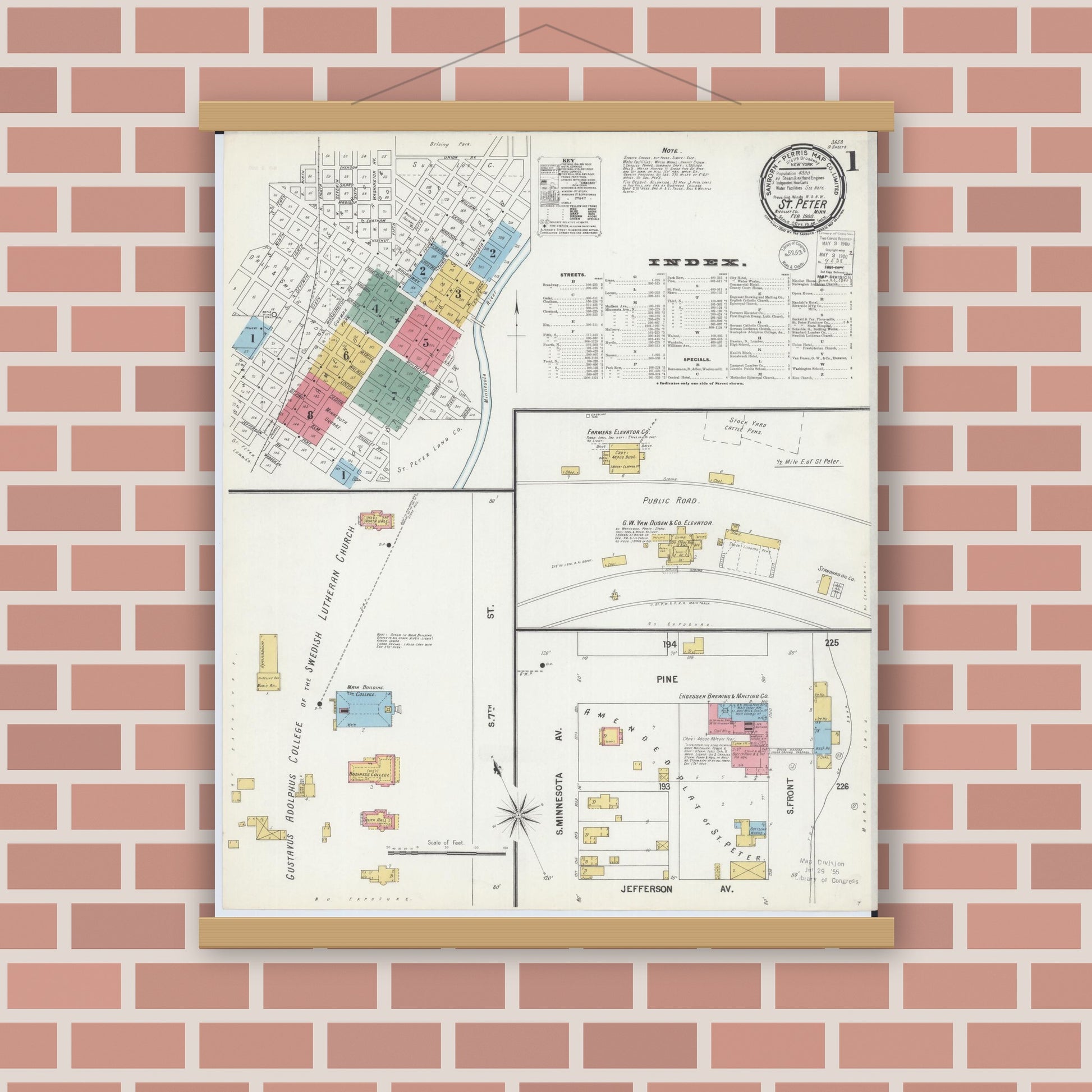 Old map wall art mockup — magnetic wood frame on brick wall — Sanborn Fire Insurance Map from Saint Peter, Nicollet County, Minnesota (1900) - Complete Map Set