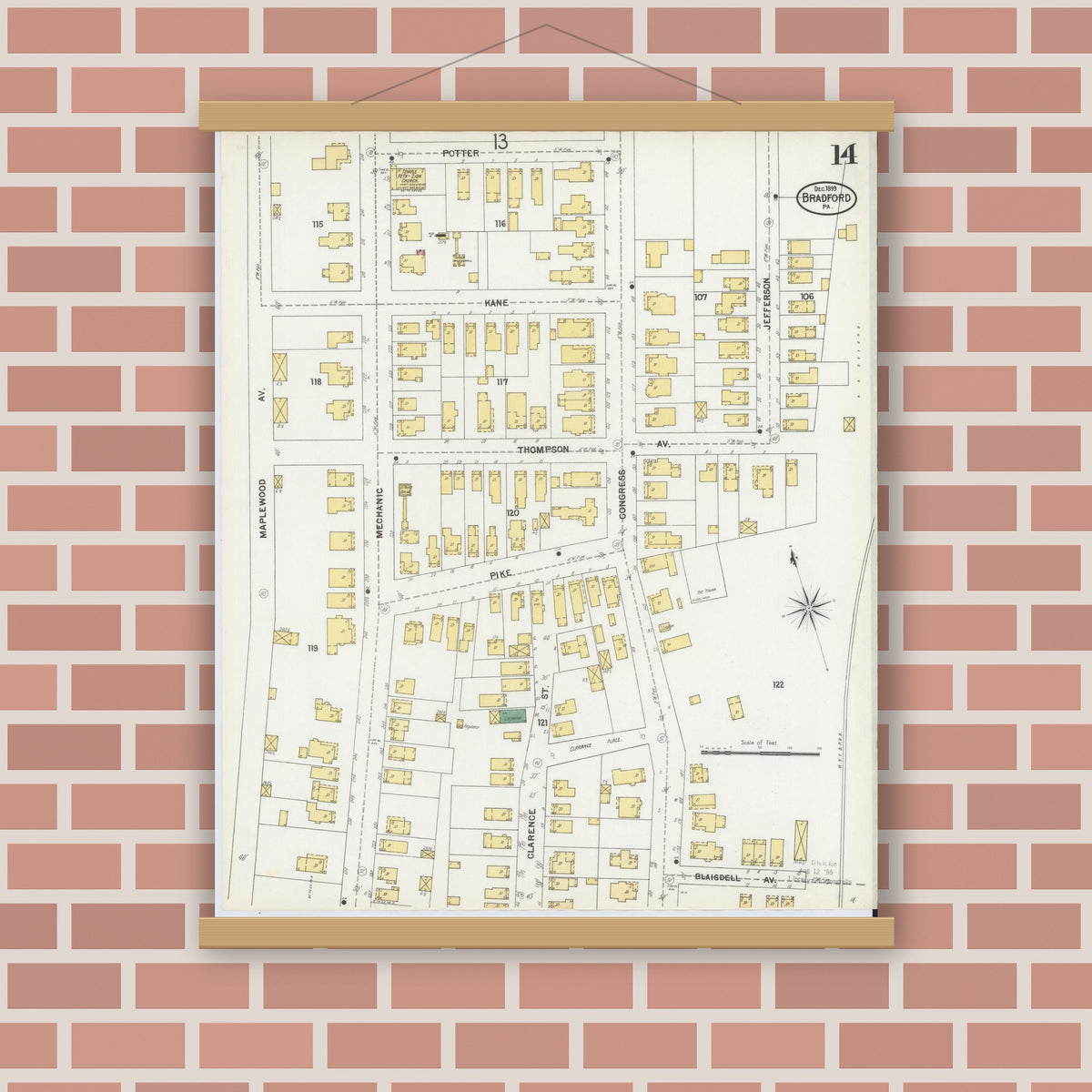 Old map wall art mockup — magnetic wood frame on brick wall — Sanborn Fire Insurance Map from Bradford, McKean County, Pennsylvania (1899), Sheet #0014