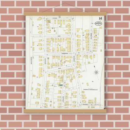 Old map wall art mockup — magnetic wood frame on brick wall — Sanborn Fire Insurance Map from Bradford, McKean County, Pennsylvania (1899), Sheet #0014