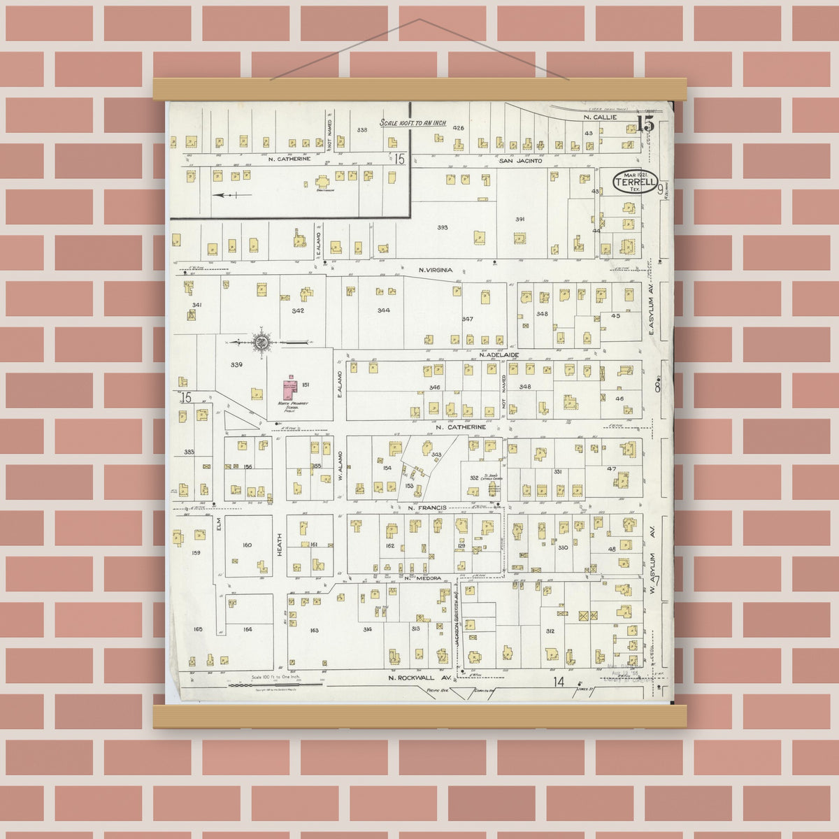 Old map wall art mockup — magnetic wood frame on brick wall — Sanborn Fire Insurance Map from Terrell, Kaufman County, Texas (1921), Sheet #0015