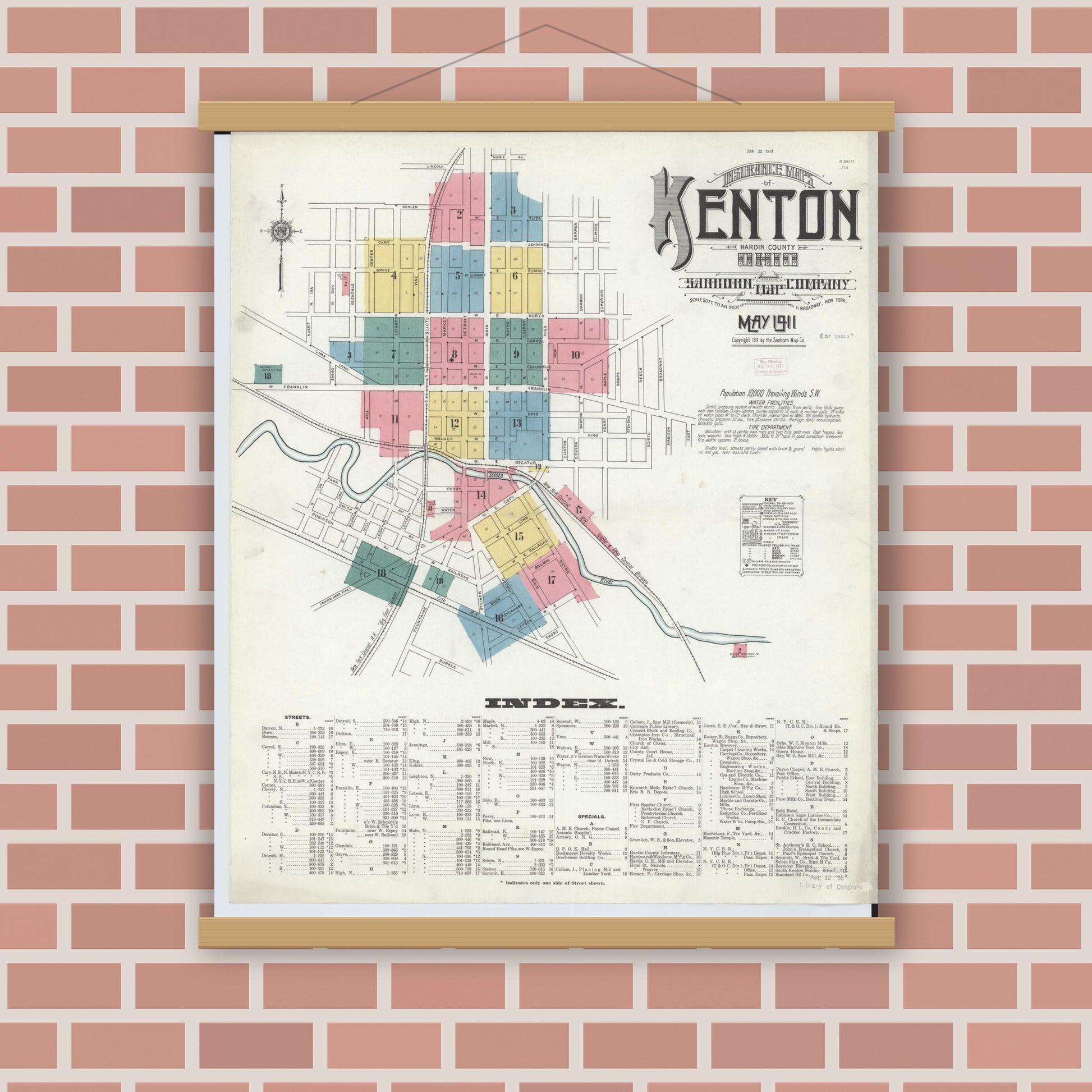 Old map wall art mockup — magnetic wood frame on brick wall — Sanborn Fire Insurance Map from Kenton, Hardin County, Ohio (1911) - Complete Map Set