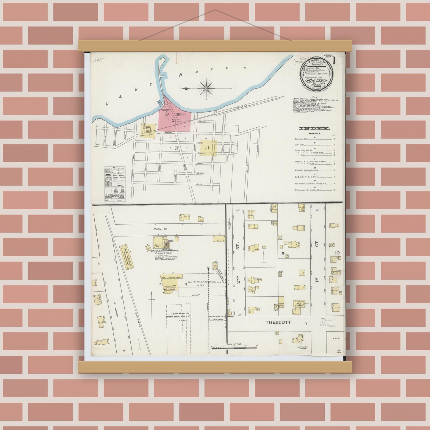 Old map wall art mockup — magnetic wood frame on brick wall — Sanborn Fire Insurance Map from Sand Beach, Huron County, Michigan (1893) - Complete Map Set