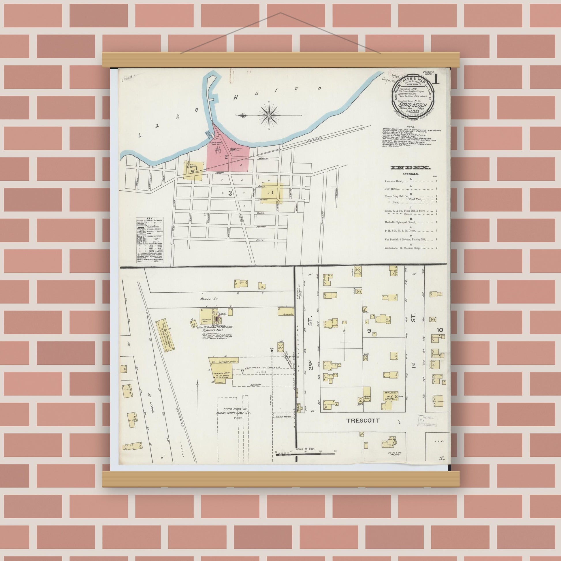 Old map wall art mockup — magnetic wood frame on brick wall — Sanborn Fire Insurance Map from Sand Beach, Huron County, Michigan (1893) - Complete Map Set