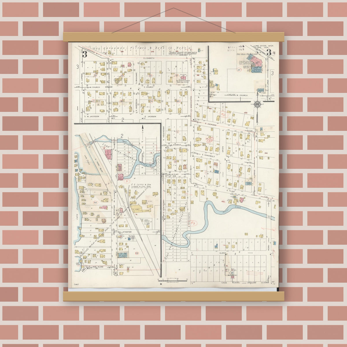 Old map wall art mockup — magnetic wood frame on brick wall — Sanborn Fire Insurance Map from Lake Orion, Oakland County, Michigan (1943), Sheet #0003