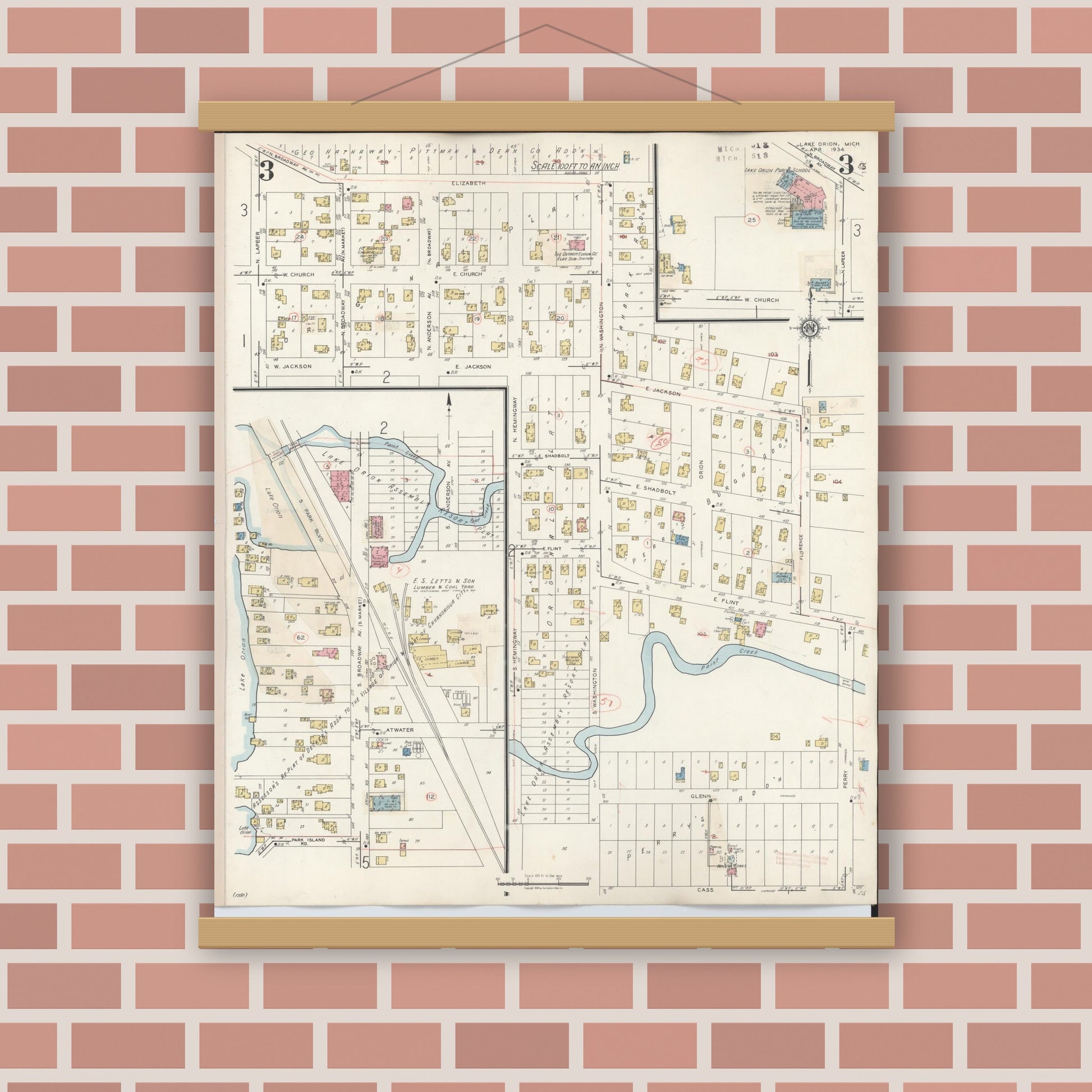 Old map wall art mockup — magnetic wood frame on brick wall — Sanborn Fire Insurance Map from Lake Orion, Oakland County, Michigan (1943), Sheet #0003
