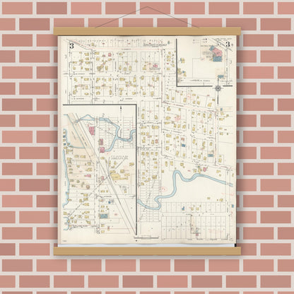Old map wall art mockup — magnetic wood frame on brick wall — Sanborn Fire Insurance Map from Lake Orion, Oakland County, Michigan (1943), Sheet #0003