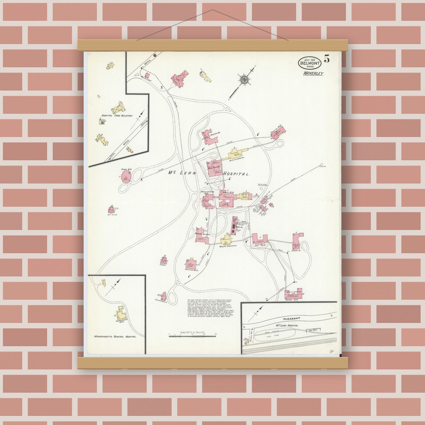 Old map wall art mockup — magnetic wood frame on brick wall — Sanborn Fire Insurance Map from Belmont, Middlesex County, Massachusetts (1910), Sheet #0005