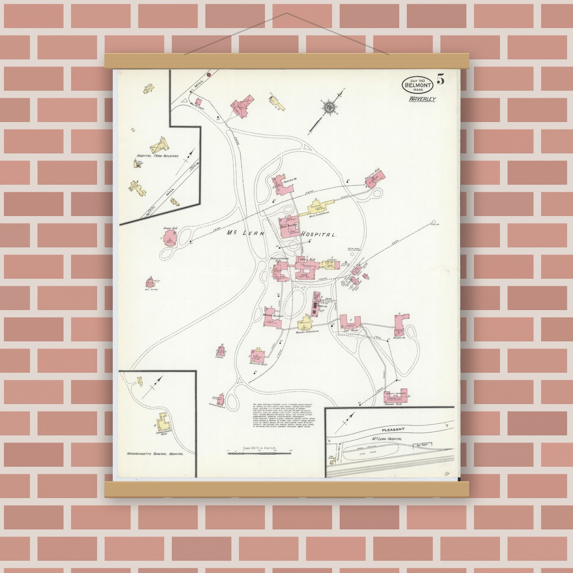 Old map wall art mockup — magnetic wood frame on brick wall — Sanborn Fire Insurance Map from Belmont, Middlesex County, Massachusetts (1910), Sheet #0005