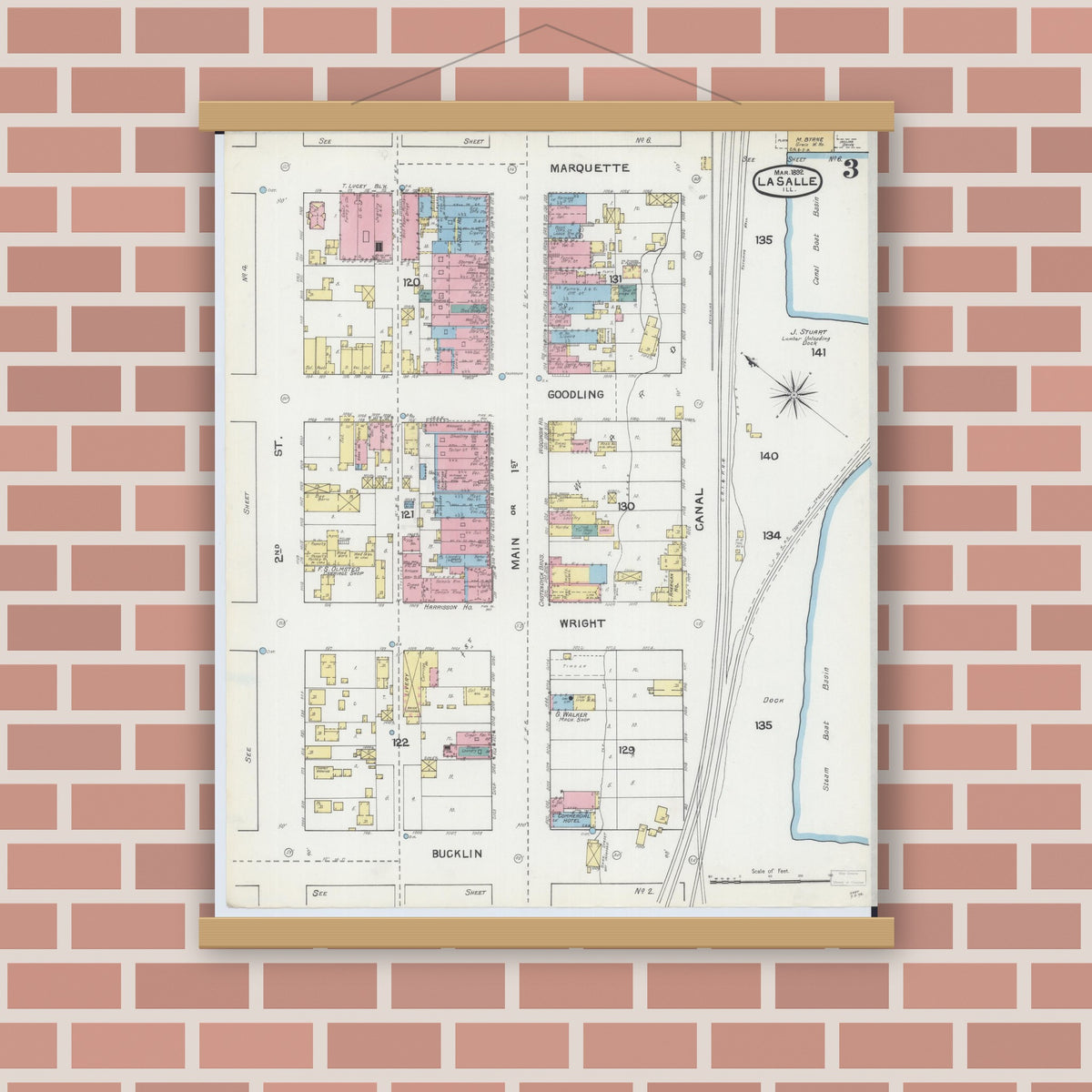 Old map wall art mockup — magnetic wood frame on brick wall — Sanborn Fire Insurance Map from La Salle, La Salle County, Illinois (1892), Sheet #0003