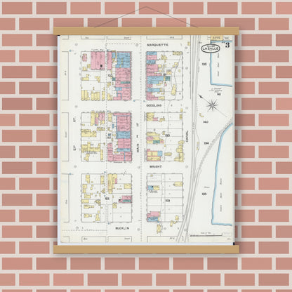 Old map wall art mockup — magnetic wood frame on brick wall — Sanborn Fire Insurance Map from La Salle, La Salle County, Illinois (1892), Sheet #0003