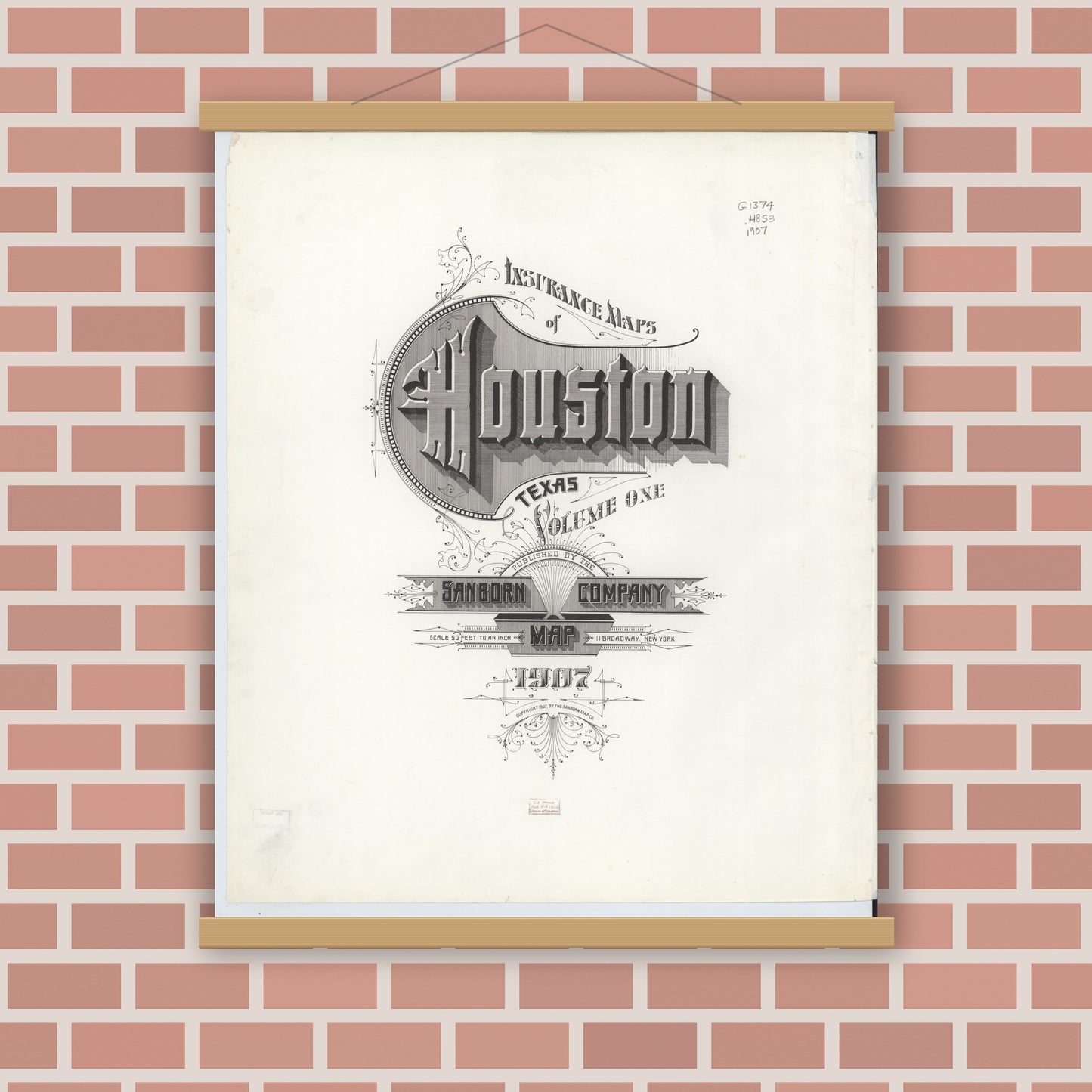 Old map wall art mockup — magnetic wood frame on brick wall — Sanborn Fire Insurance Map from Houston, Harris County, Texas (1907), Sheet #0001