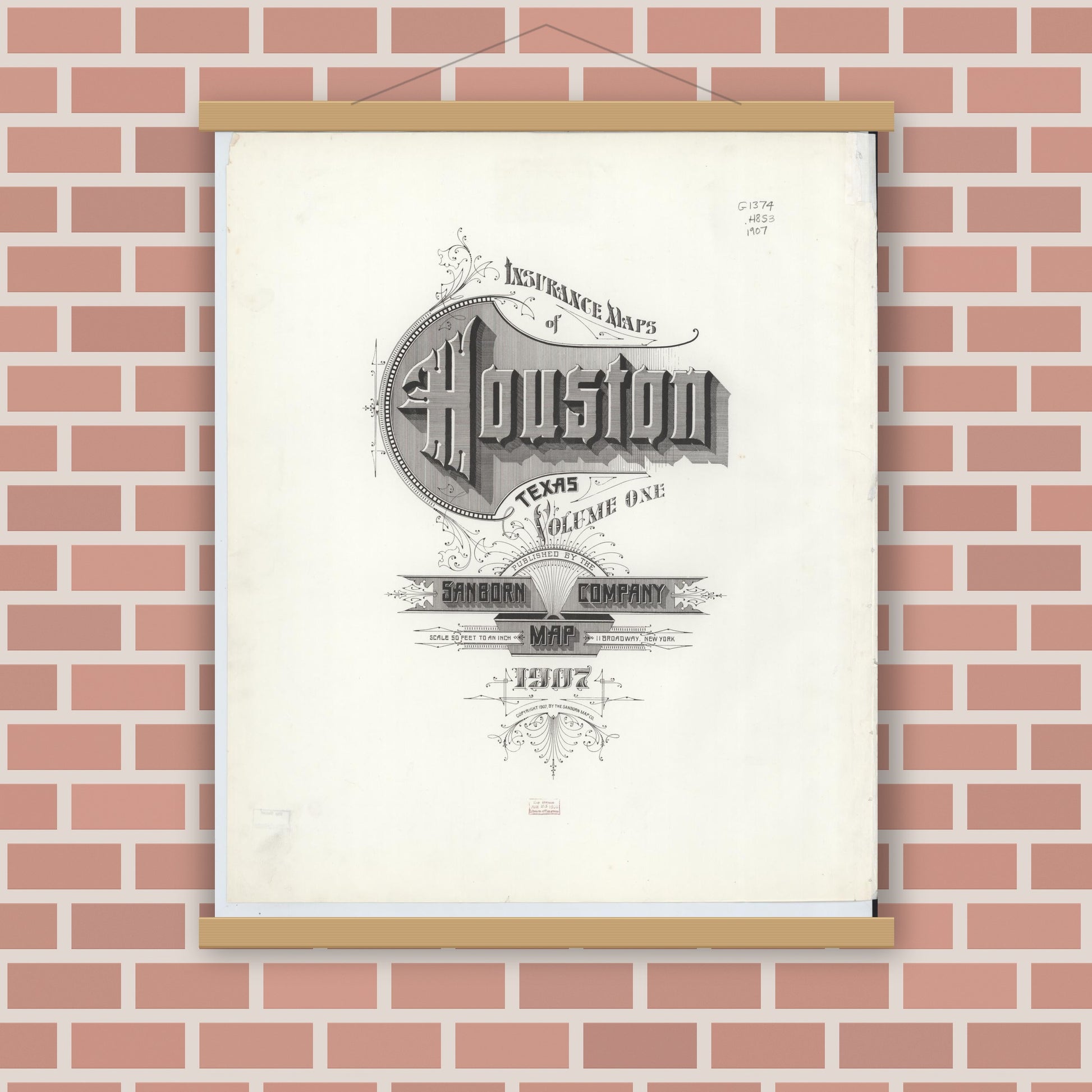 Old map wall art mockup — magnetic wood frame on brick wall — Sanborn Fire Insurance Map from Houston, Harris County, Texas (1907), Sheet #0001