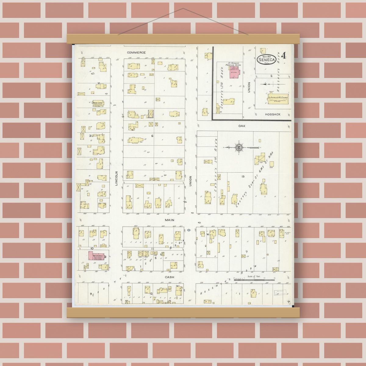 Old map wall art mockup — magnetic wood frame on brick wall — Sanborn Fire Insurance Map from Seneca, La Salle County, Illinois (1913), Sheet #0004