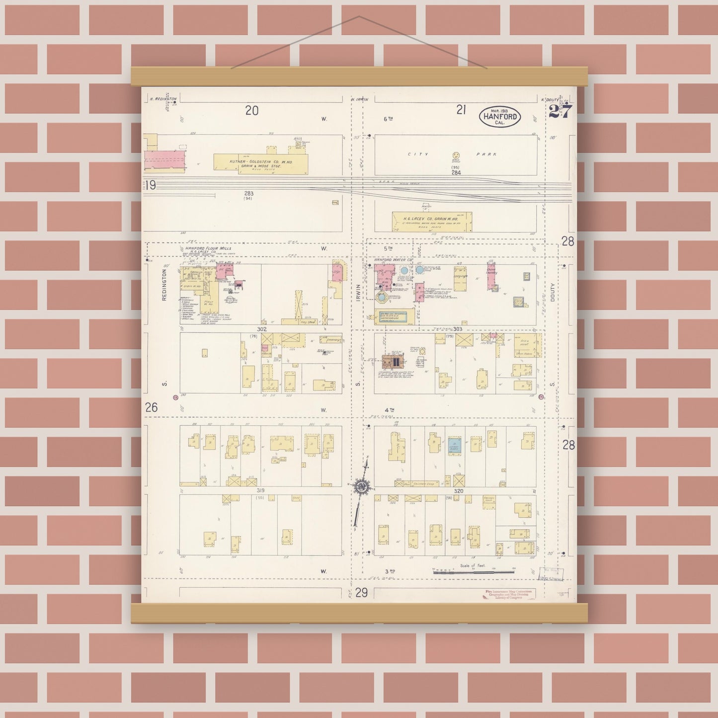 Old map wall art mockup — magnetic wood frame on brick wall — Sanborn Fire Insurance Map from Hanford, Kings County, California (1913), Sheet #0027