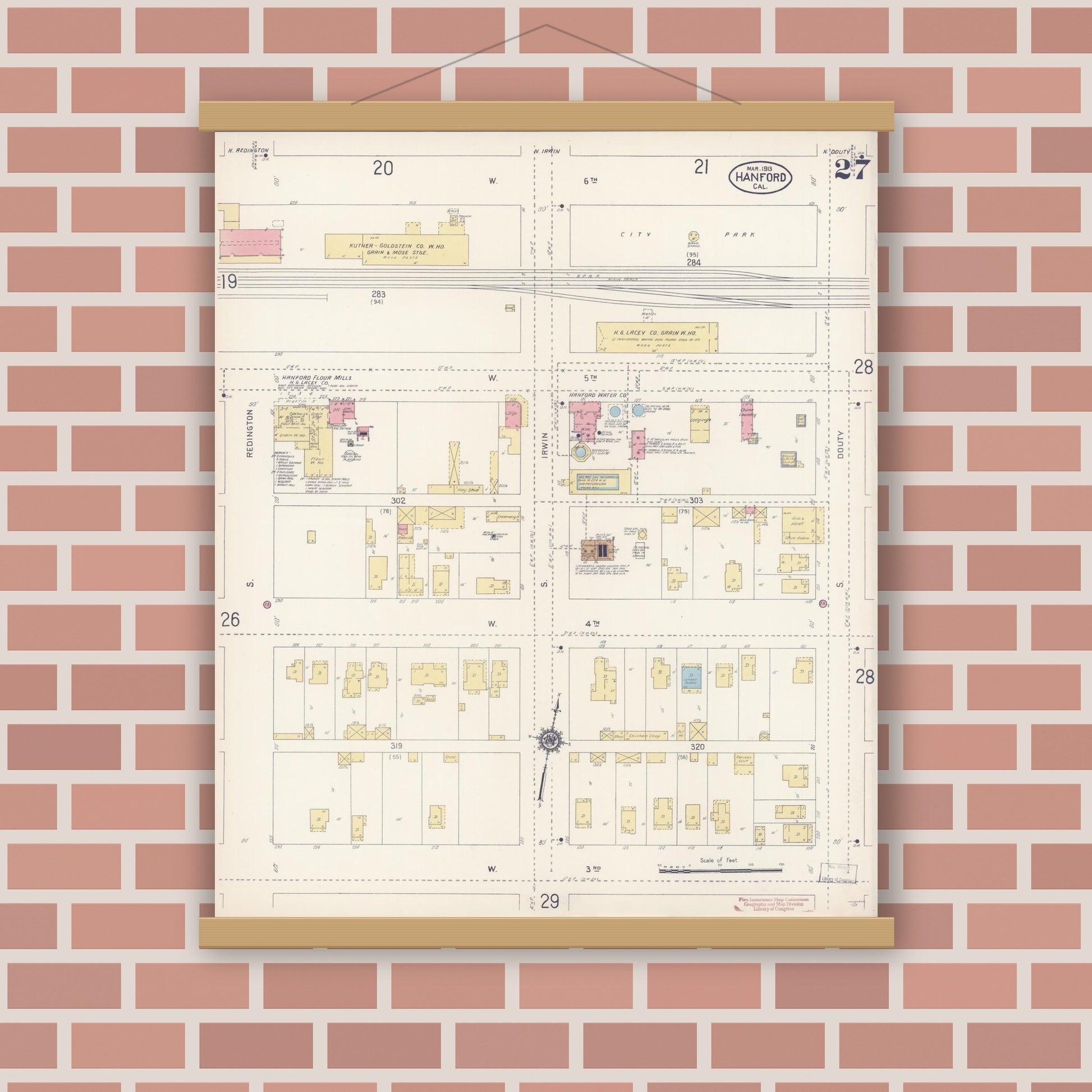 Old map wall art mockup — magnetic wood frame on brick wall — Sanborn Fire Insurance Map from Hanford, Kings County, California (1913), Sheet #0027