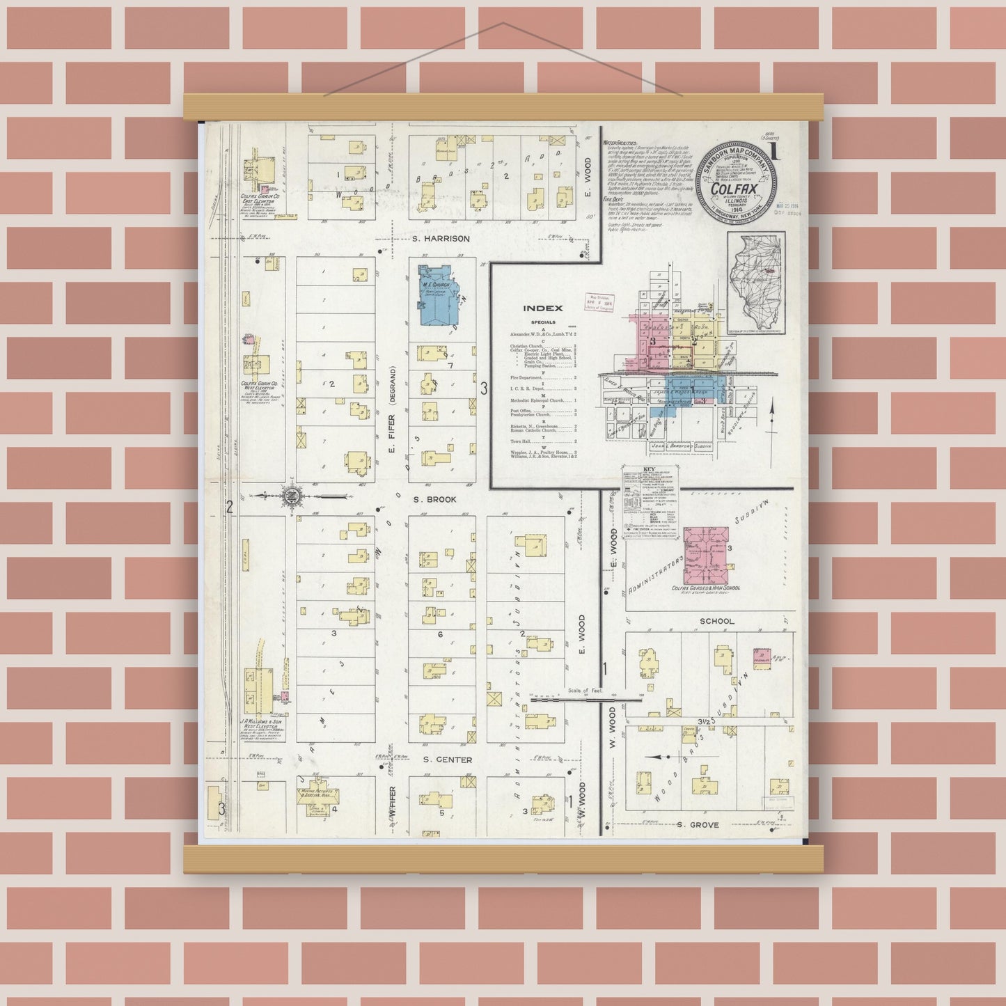 Old map wall art mockup — magnetic wood frame on brick wall — Sanborn Fire Insurance Map from Colfax, McLean County, Illinois (1914) - Complete Map Set