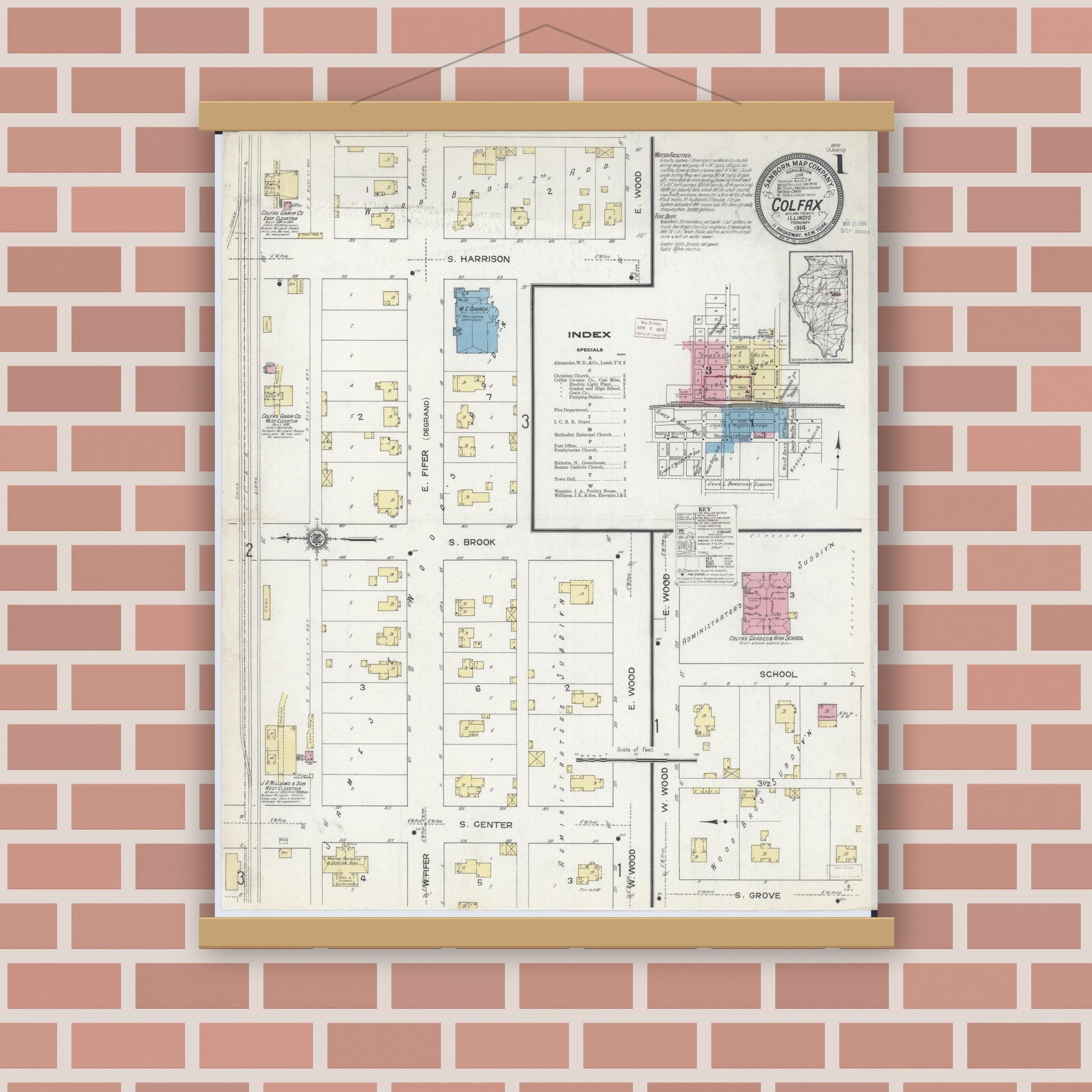 Old map wall art mockup — magnetic wood frame on brick wall — Sanborn Fire Insurance Map from Colfax, McLean County, Illinois (1914) - Complete Map Set