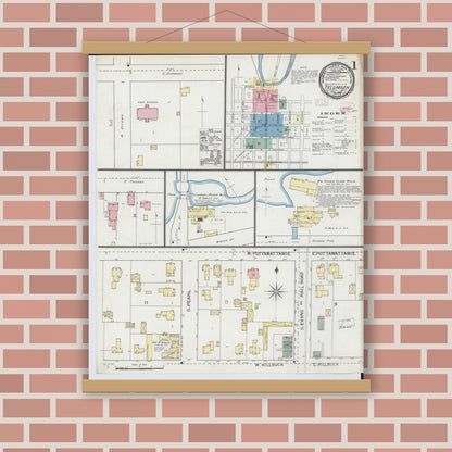 Old map wall art mockup — magnetic wood frame on brick wall — Sanborn Fire Insurance Map from Tecumseh, Lenawee County, Michigan (1893), Sheet #0001