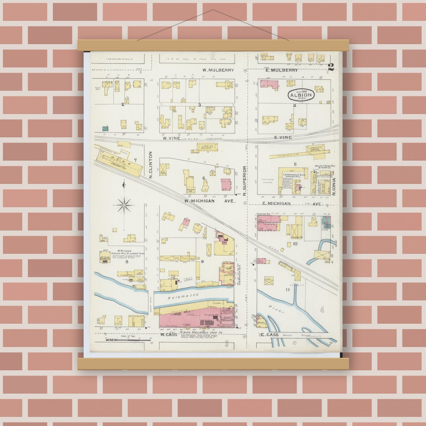 Old map wall art mockup — magnetic wood frame on brick wall — Sanborn Fire Insurance Map from Albion, Calhoun County, Michigan (1893), Sheet #0002