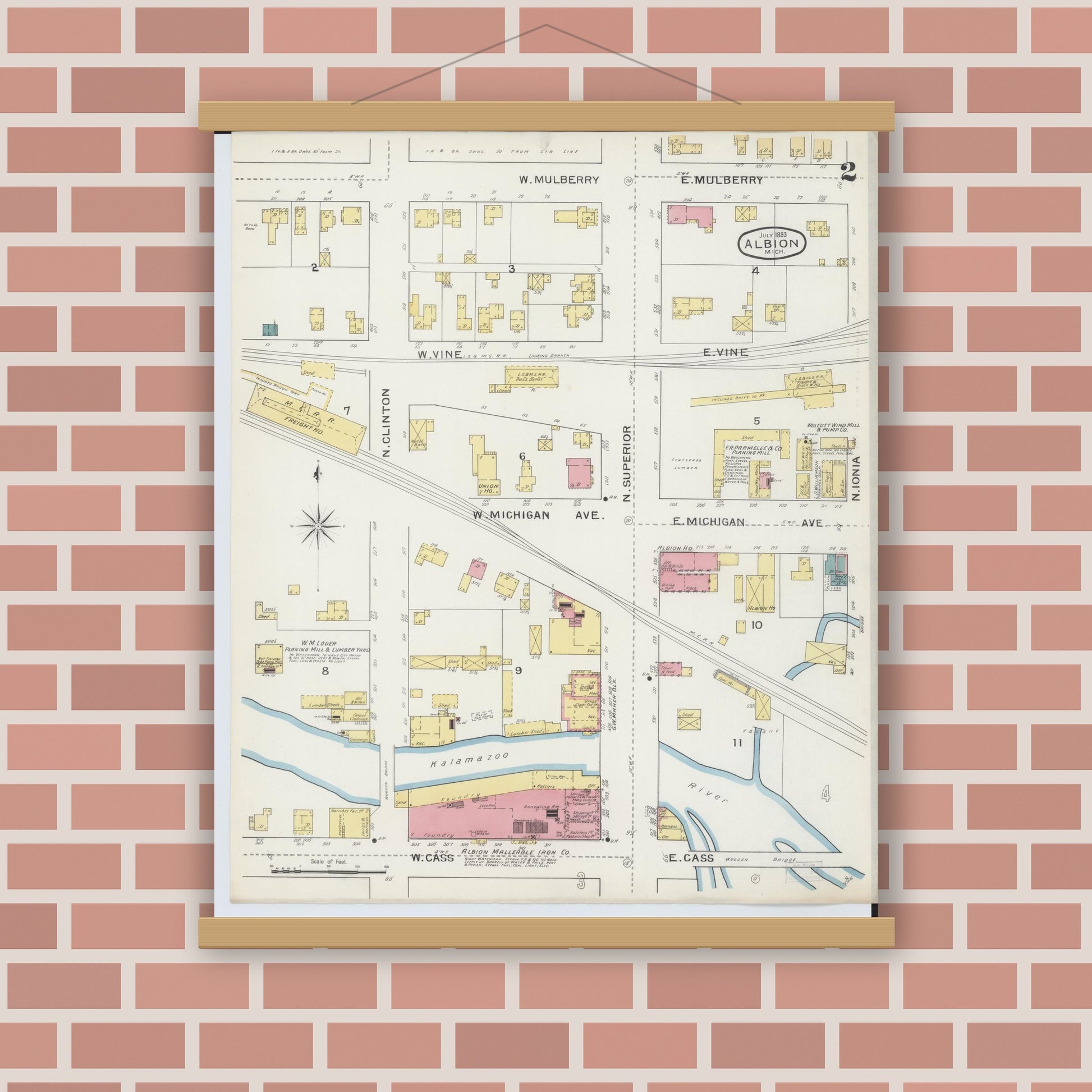 Old map wall art mockup — magnetic wood frame on brick wall — Sanborn Fire Insurance Map from Albion, Calhoun County, Michigan (1893), Sheet #0002
