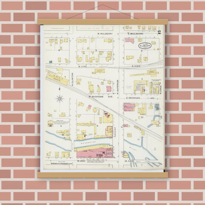 Old map wall art mockup — magnetic wood frame on brick wall — Sanborn Fire Insurance Map from Albion, Calhoun County, Michigan (1893), Sheet #0002