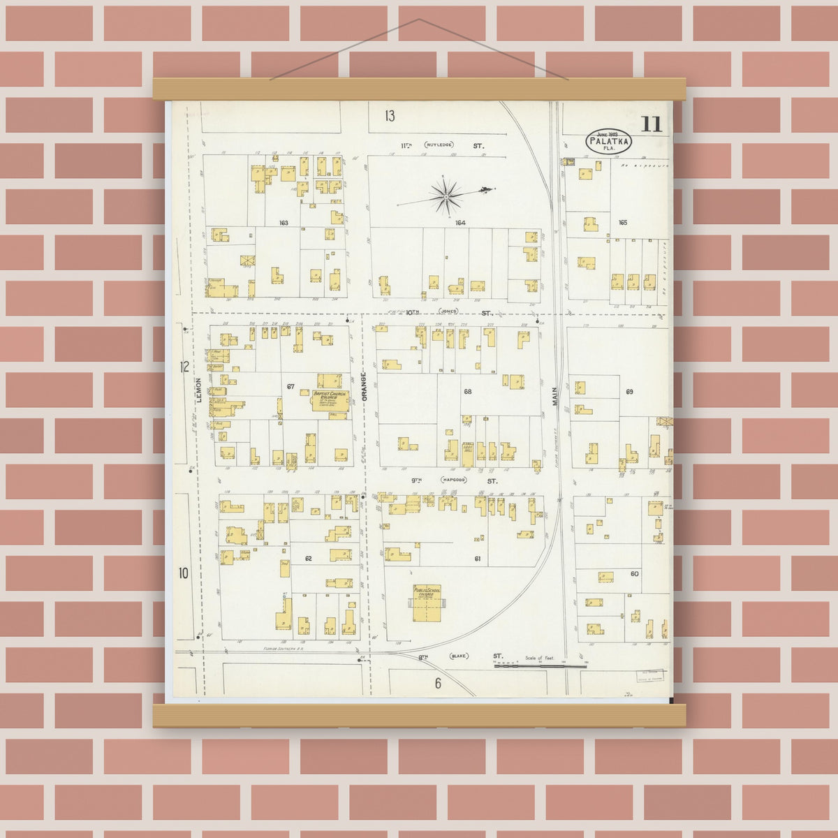 Old map wall art mockup — magnetic wood frame on brick wall — Sanborn Fire Insurance Map from Palatka, Putnam County, Florida (1903), Sheet #0011