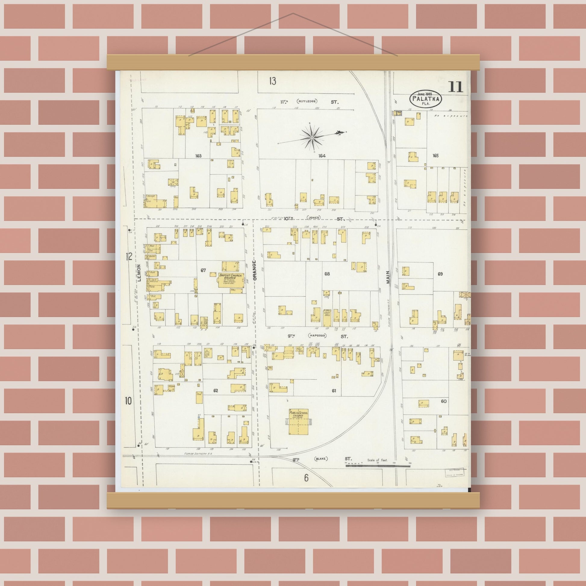 Old map wall art mockup — magnetic wood frame on brick wall — Sanborn Fire Insurance Map from Palatka, Putnam County, Florida (1903), Sheet #0011