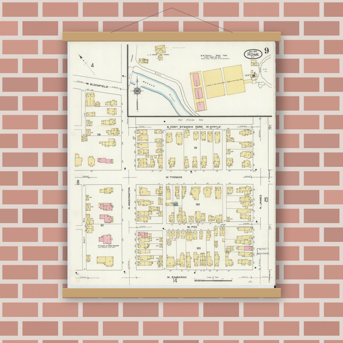 Old map wall art mockup — magnetic wood frame on brick wall — Sanborn Fire Insurance Map from Rome, Oneida County, New York (1909), Sheet #0009