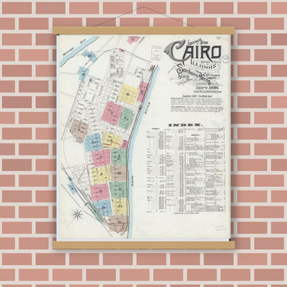 Old map wall art mockup — magnetic wood frame on brick wall — Sanborn Fire Insurance Map from Cairo, Alexander County, Illinois (1896) - Complete Map Set