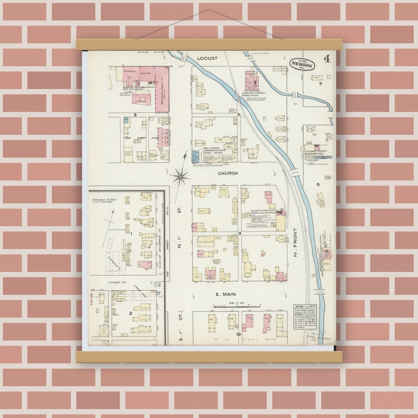 Old map wall art mockup — magnetic wood frame on brick wall — Sanborn Fire Insurance Map from Newark, Licking County, Ohio (1884), Sheet #0004