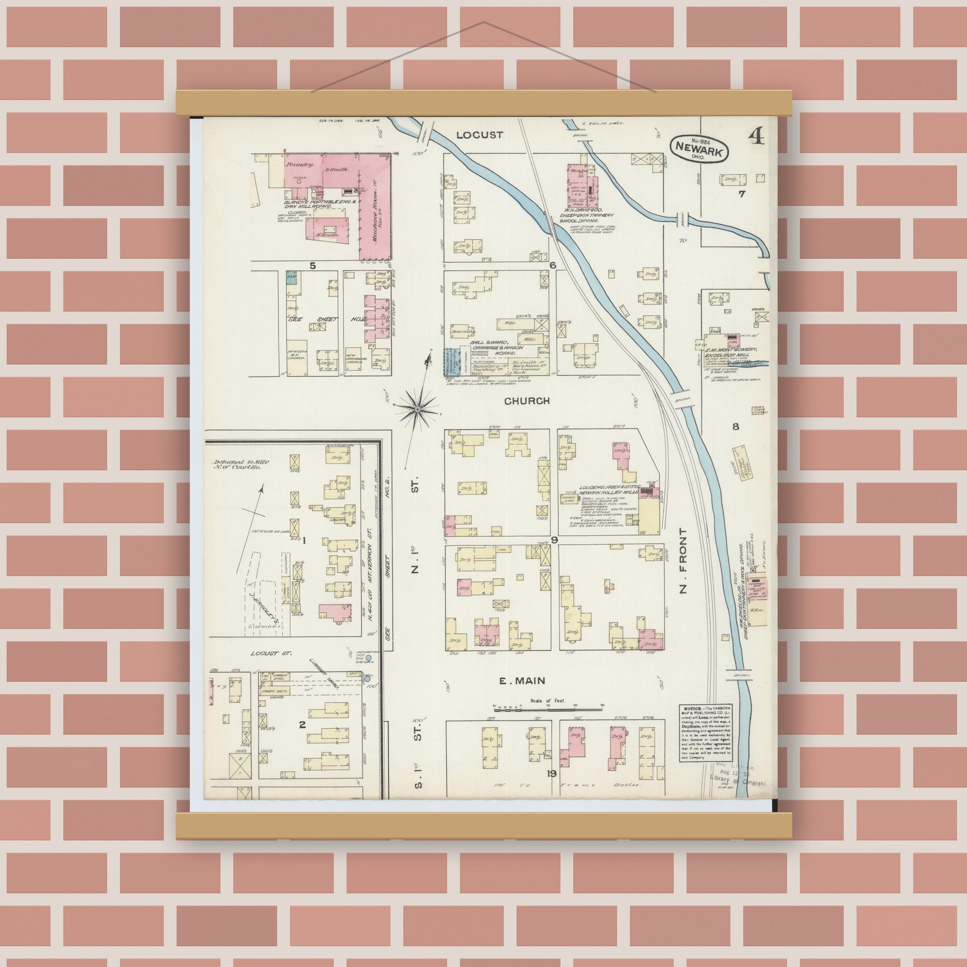 Old map wall art mockup — magnetic wood frame on brick wall — Sanborn Fire Insurance Map from Newark, Licking County, Ohio (1884), Sheet #0004