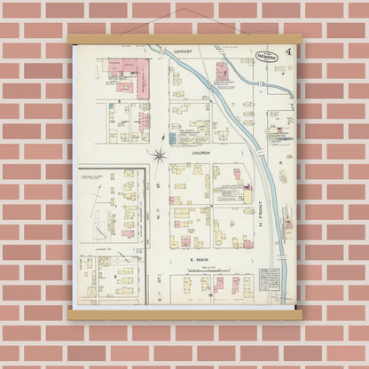 Old map wall art mockup — magnetic wood frame on brick wall — Sanborn Fire Insurance Map from Newark, Licking County, Ohio (1884), Sheet #0004