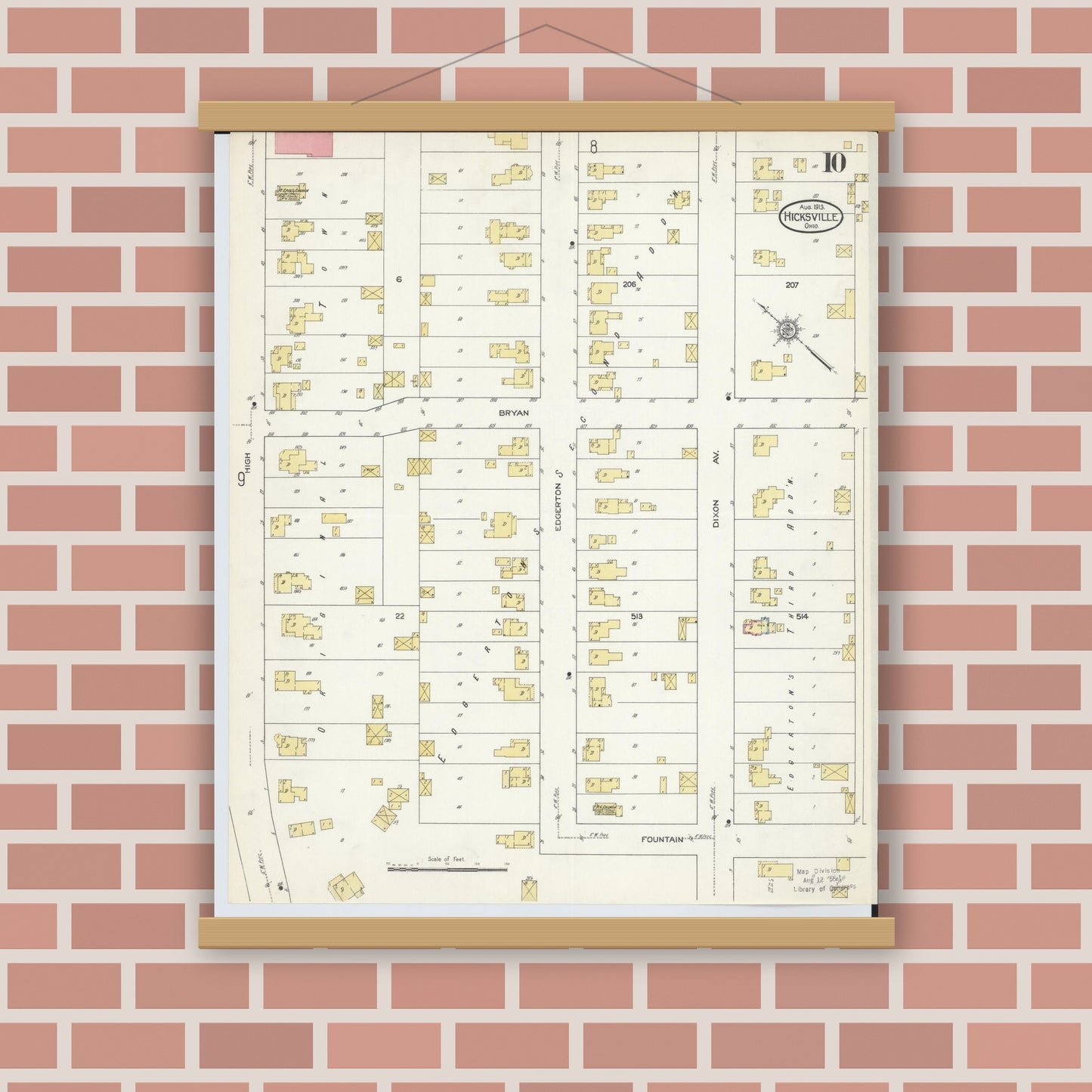 Old map wall art mockup — magnetic wood frame on brick wall — Sanborn Fire Insurance Map from Hicksville, Defiance County, Ohio (1913), Sheet #0010