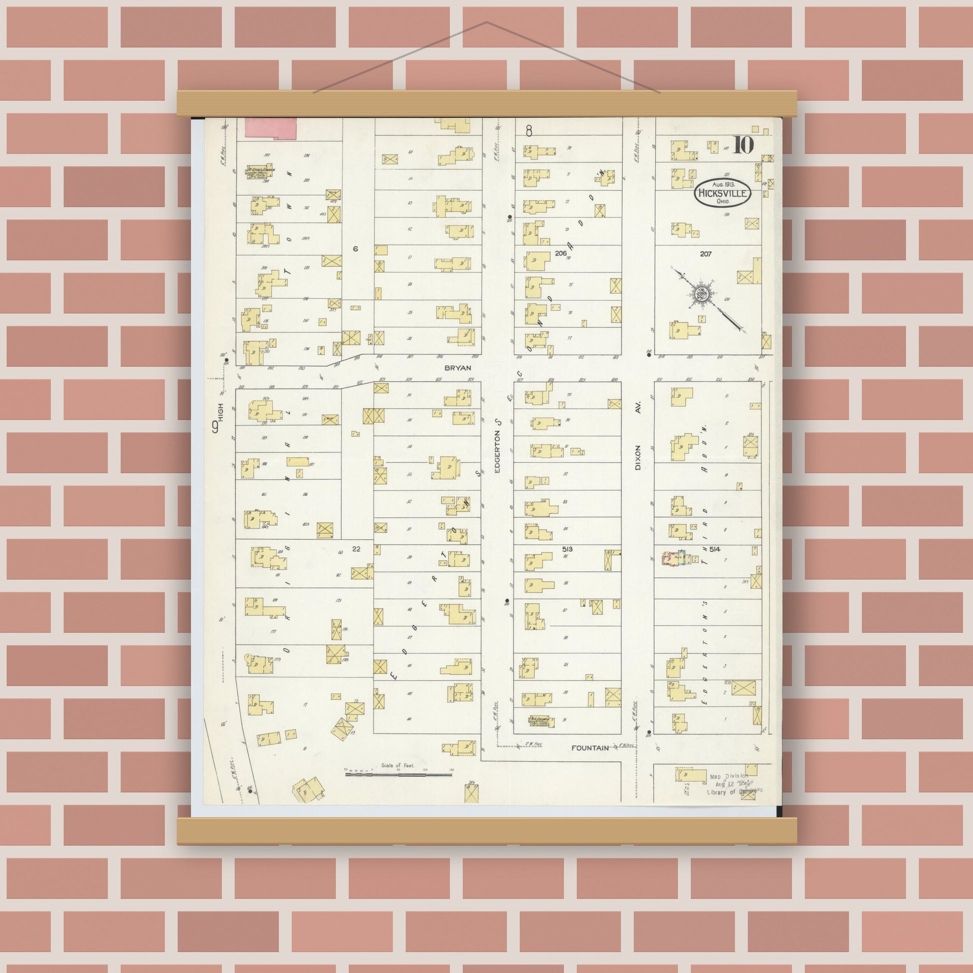 Old map wall art mockup — magnetic wood frame on brick wall — Sanborn Fire Insurance Map from Hicksville, Defiance County, Ohio (1913), Sheet #0010