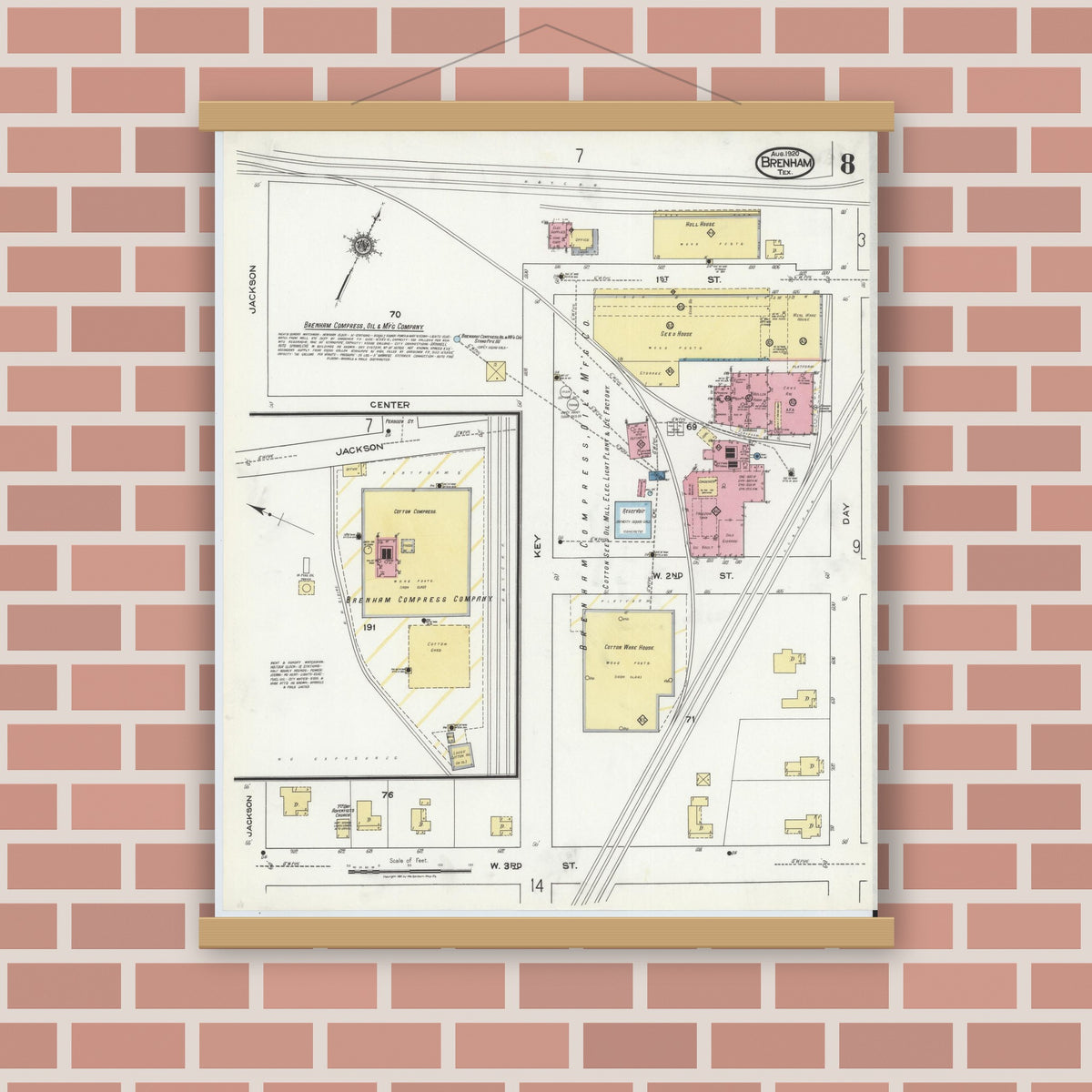 Old map wall art mockup — magnetic wood frame on brick wall — Sanborn Fire Insurance Map from Brenham, Washington County, Texas (1920), Sheet #0008