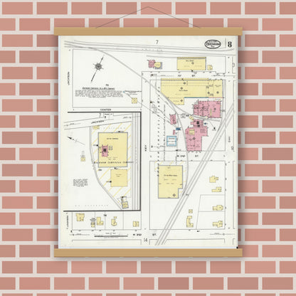 Old map wall art mockup — magnetic wood frame on brick wall — Sanborn Fire Insurance Map from Brenham, Washington County, Texas (1920), Sheet #0008