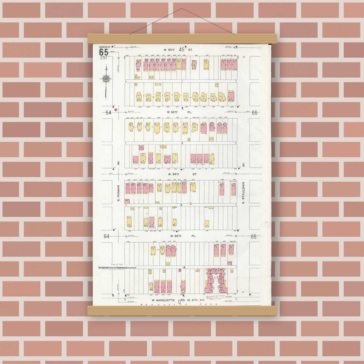 Old map wall art mockup — magnetic wood frame on brick wall — Sanborn Fire Insurance Map from Chicago, Cook County, Illinois (1920), Sheet #0065